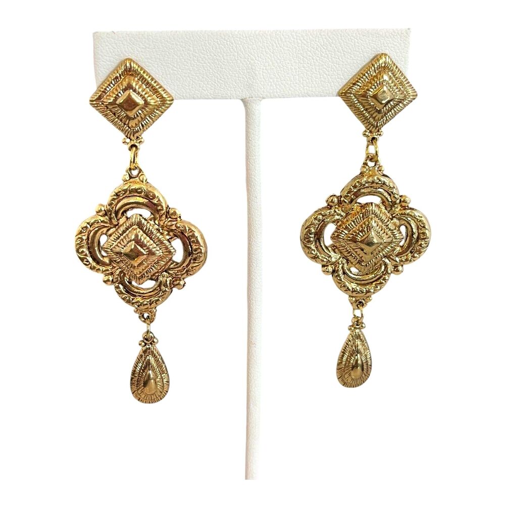 New Gold Tone Earrings Long Textured Dangle Statement - 8S